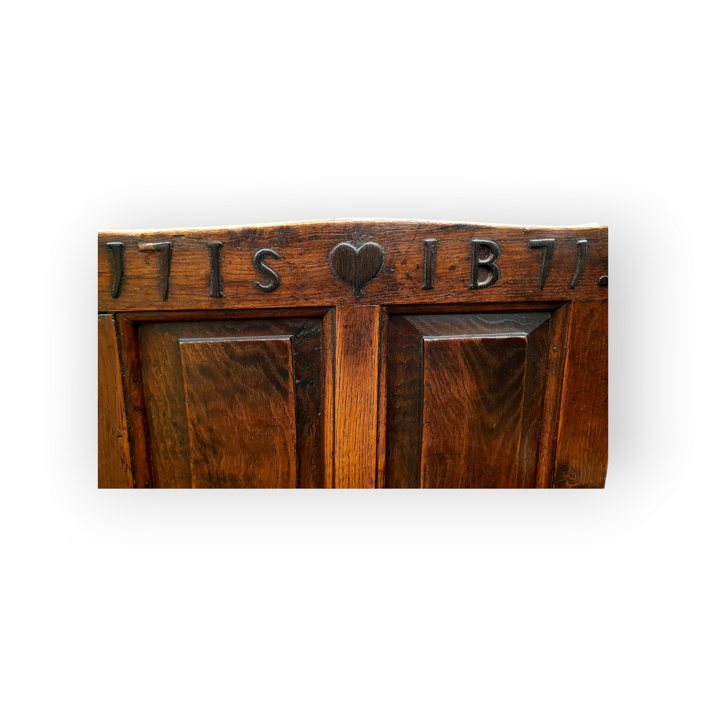 18th-Century Welsh Antique Oak Wainscot Armchair, The Cresting Rail Carved With A Love Heart, The Initials "IS" & "IB" & Dated "1771"