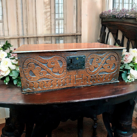 17th-Century English Antique Oak Bible Box / Boarded Box Bearing Initials "IH"