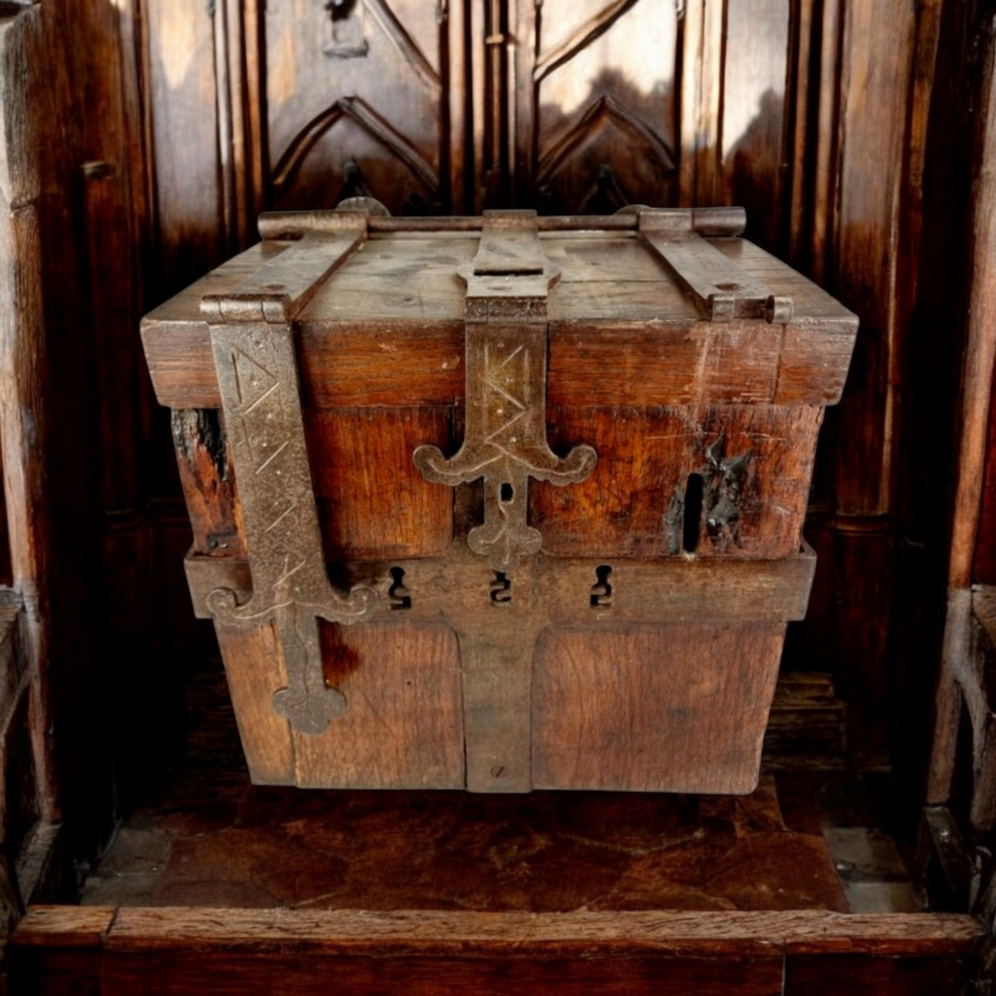 17th Century Antique Oak Alms Box / Offertory Box / Poor Box / Mite Box