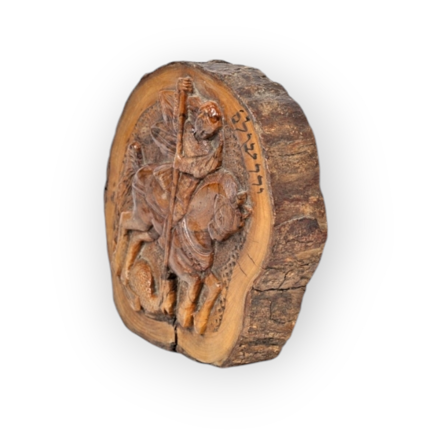 Diminutive 19th-Century Jerusalem Olive Wood Antique Carved Panel, Formed From A Trunk Cross-Section, Carved With A Depiction Of Saint George Slaying The Dragon