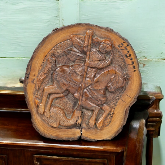 Diminutive 19th-Century Jerusalem Olive Wood Antique Carved Panel, Formed From A Trunk Cross-Section, Carved With A Depiction Of Saint George Slaying The Dragon