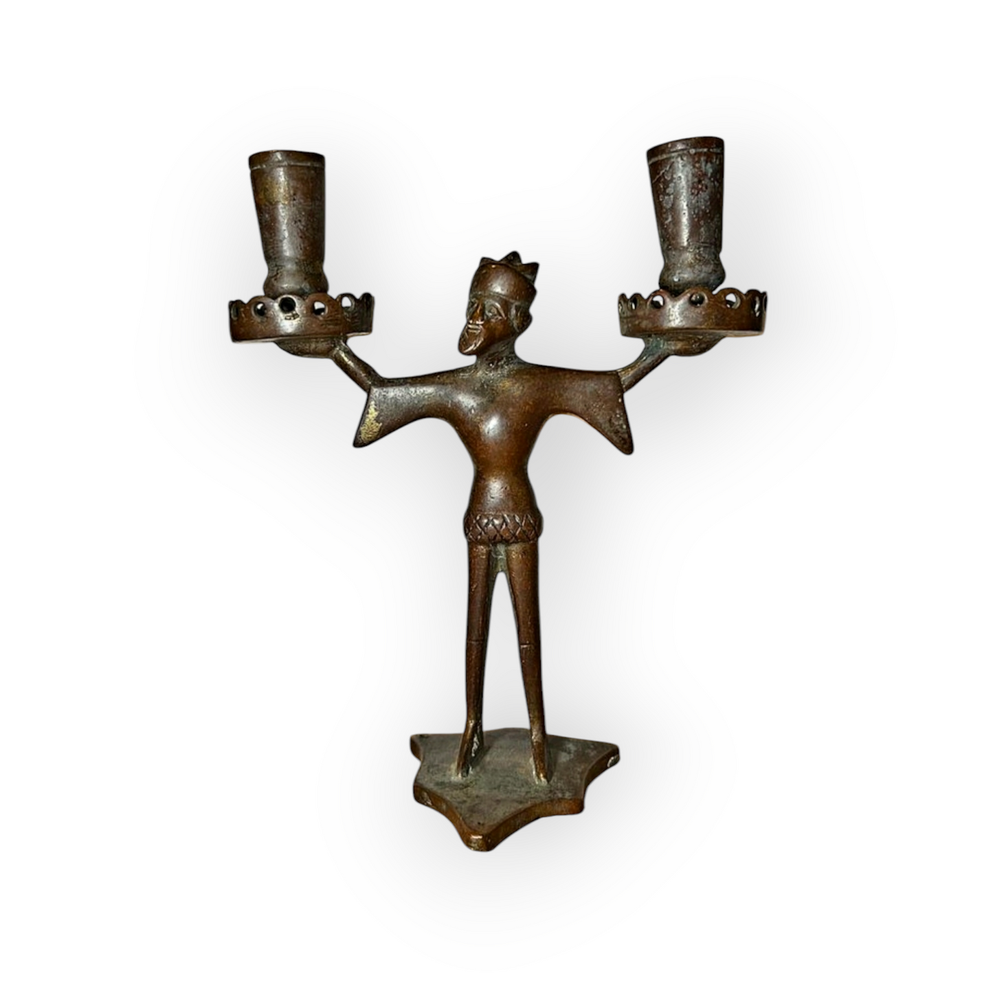 15th Century / Late Medieval Period German Antique Bronze "Bearded Man" Two Branch Candleholder / Candelabrum