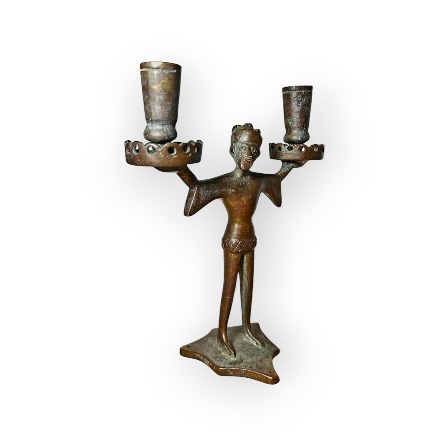 15th Century / Late Medieval Period German Antique Bronze "Bearded Man" Two Branch Candleholder / Candelabrum