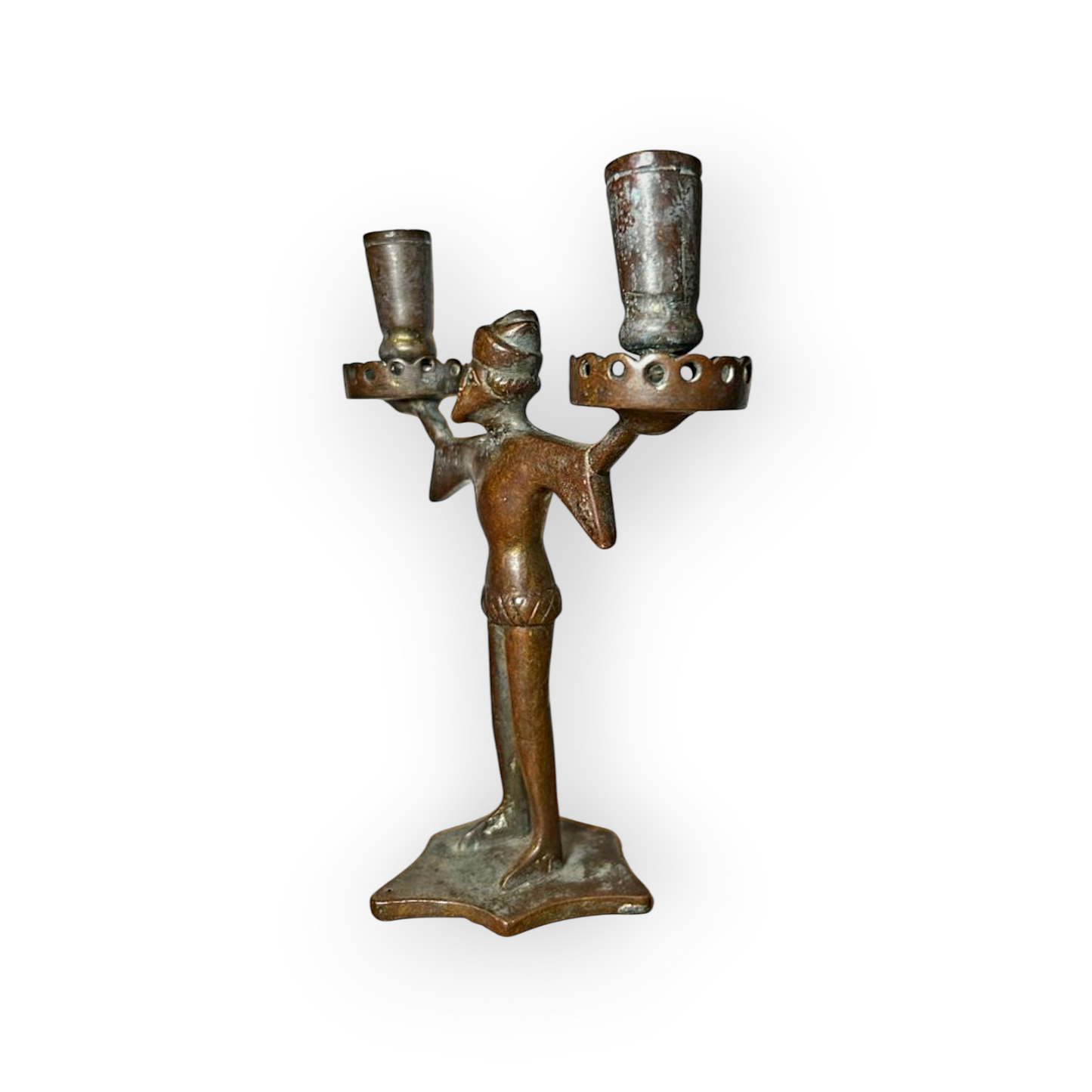 15th Century / Late Medieval Period German Antique Bronze "Bearded Man" Two Branch Candleholder / Candelabrum