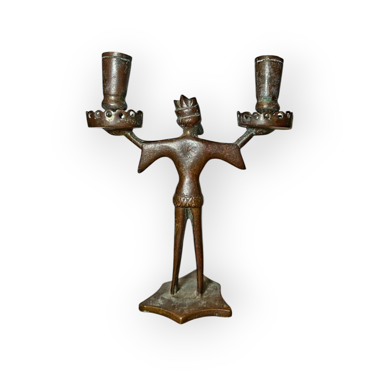 15th Century / Late Medieval Period German Antique Bronze "Bearded Man" Two Branch Candleholder / Candelabrum