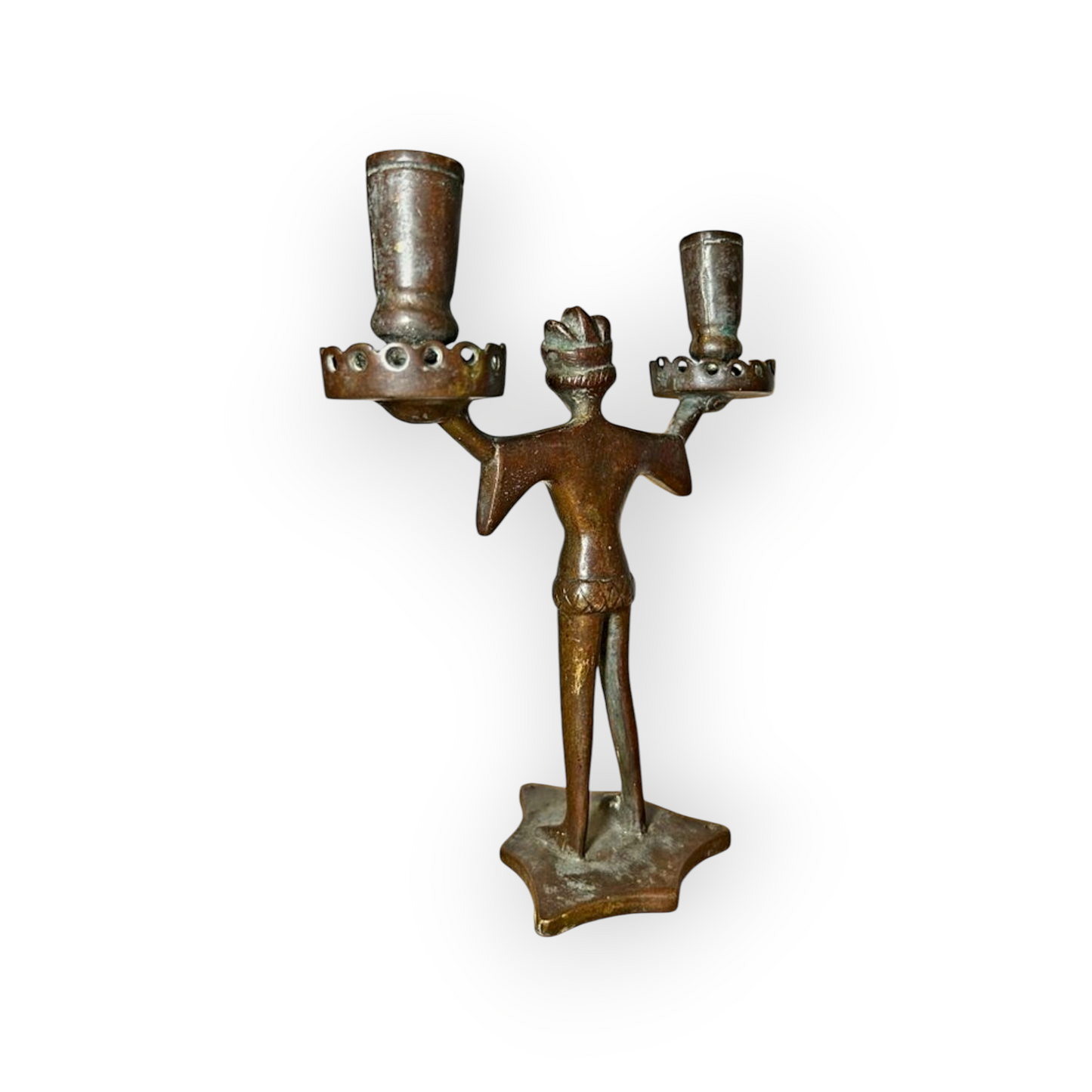 15th Century / Late Medieval Period German Antique Bronze "Bearded Man" Two Branch Candleholder / Candelabrum