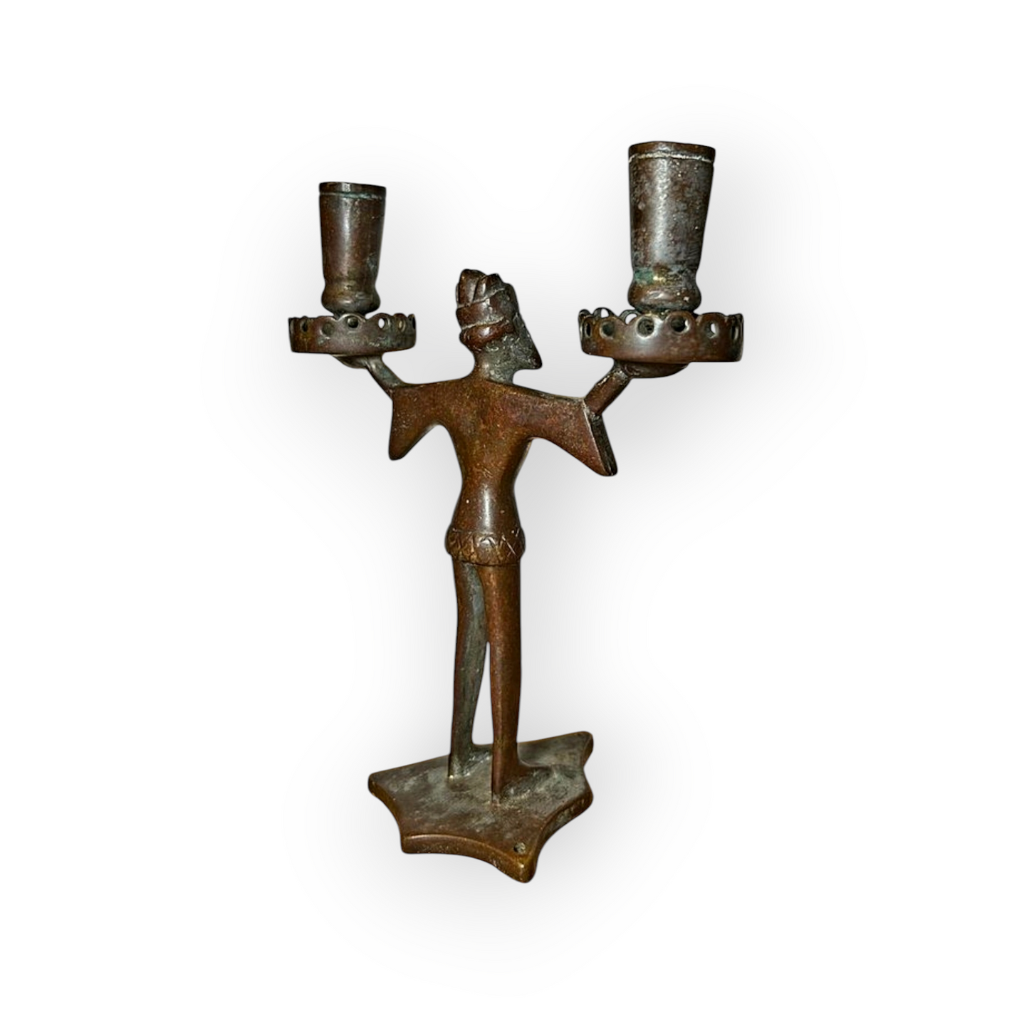 15th Century / Late Medieval Period German Antique Bronze "Bearded Man" Two Branch Candleholder / Candelabrum