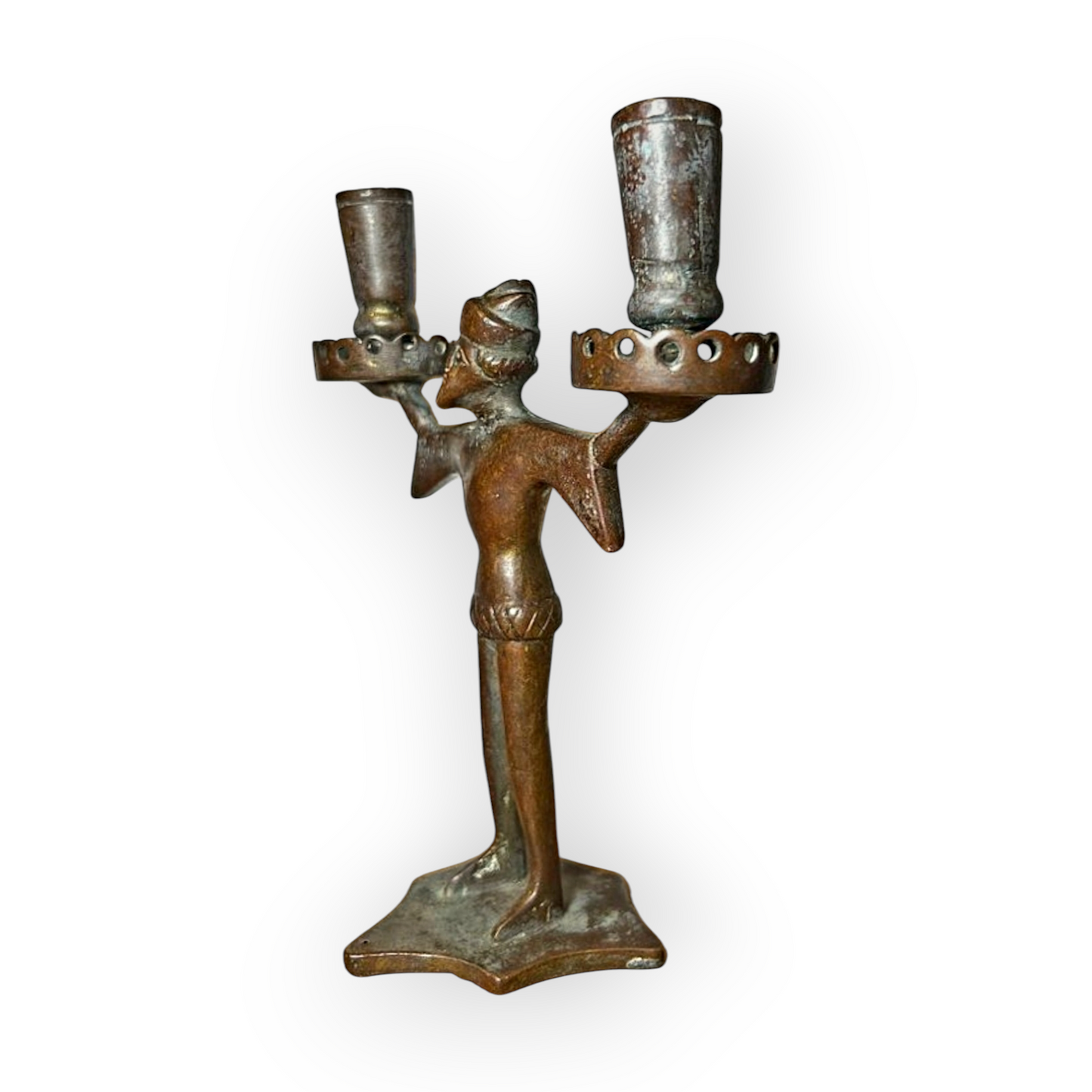 15th Century / Late Medieval Period German Antique Bronze "Bearded Man" Two Branch Candleholder / Candelabrum