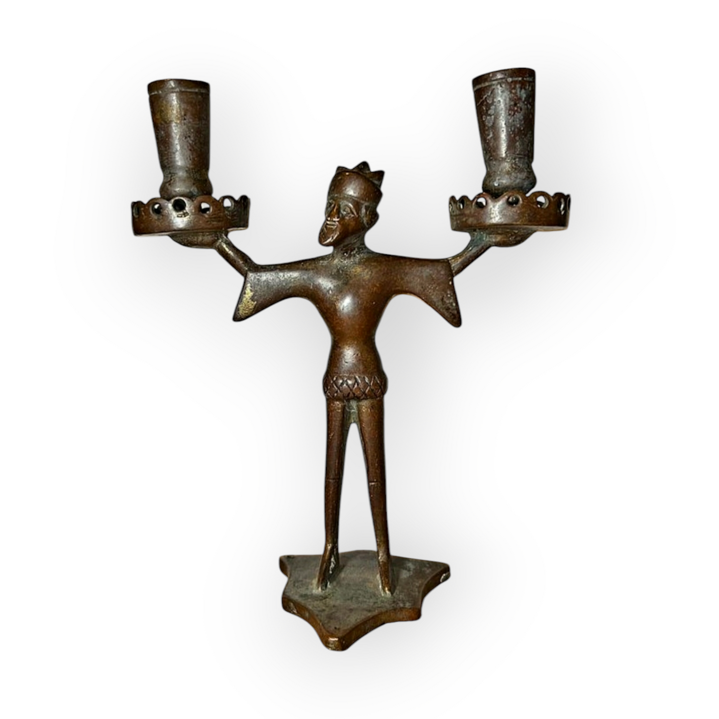 15th Century / Late Medieval Period German Antique Bronze "Bearded Man" Two Branch Candleholder / Candelabrum