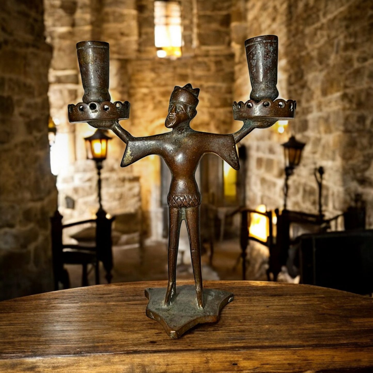 15th Century / Late Medieval Period German Antique Bronze "Bearded Man" Two Branch Candleholder / Candelabrum