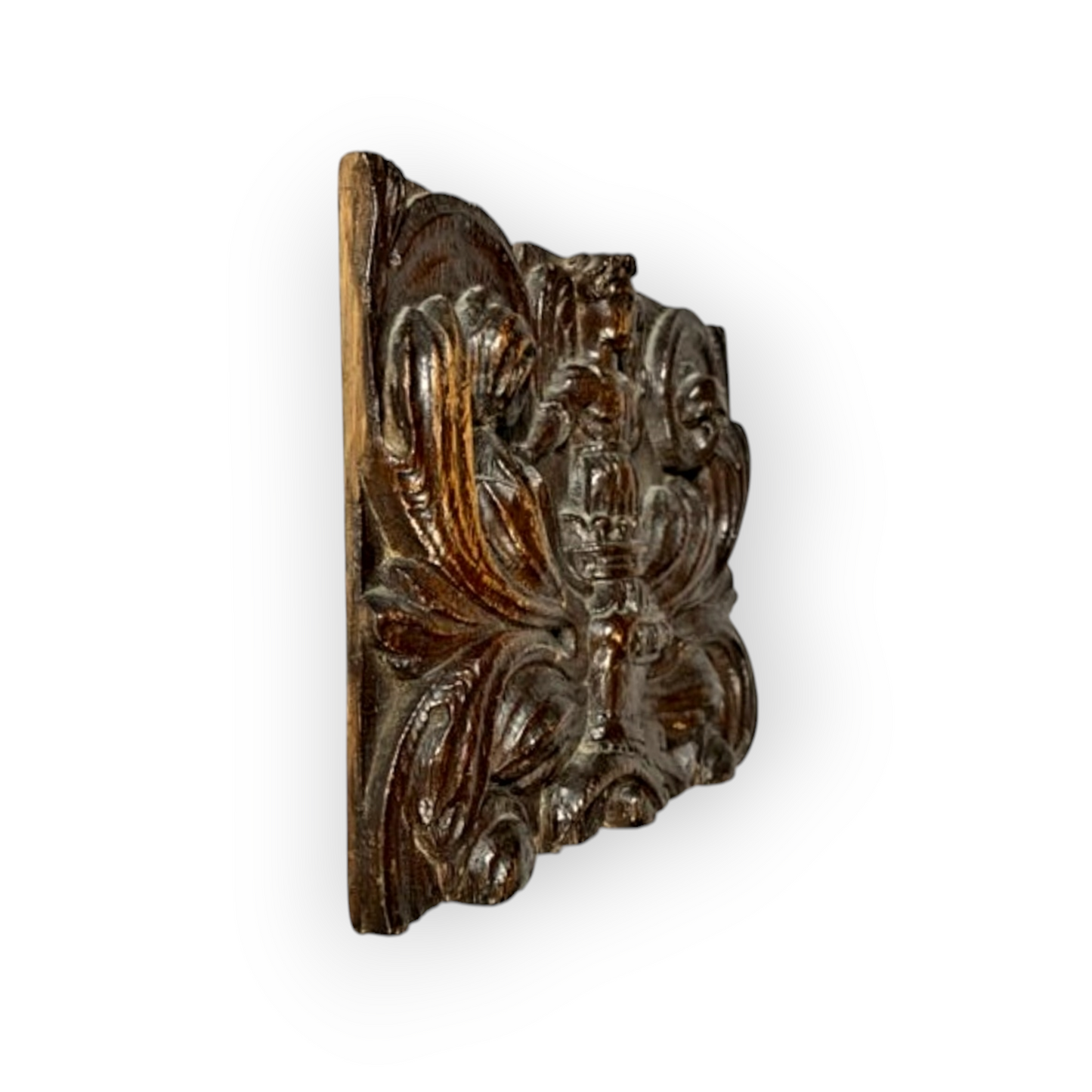 Late 16th-Century French Antique Carved Oak Panel With A Winged Angel, Coronet, Knight's Helmet & Flanked By Scrolls