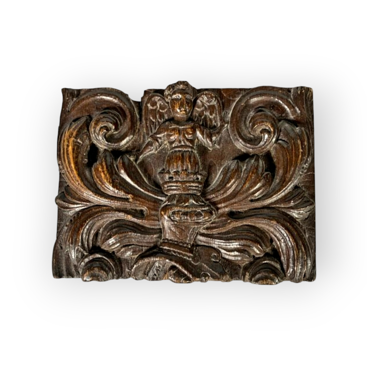 Late 16th-Century French Antique Carved Oak Panel With A Winged Angel, Coronet, Knight's Helmet & Flanked By Scrolls