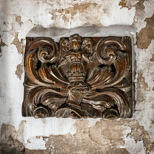 Late 16th-Century French Antique Carved Oak Panel With A Winged Angel, Coronet, Knight's Helmet & Flanked By Scrolls