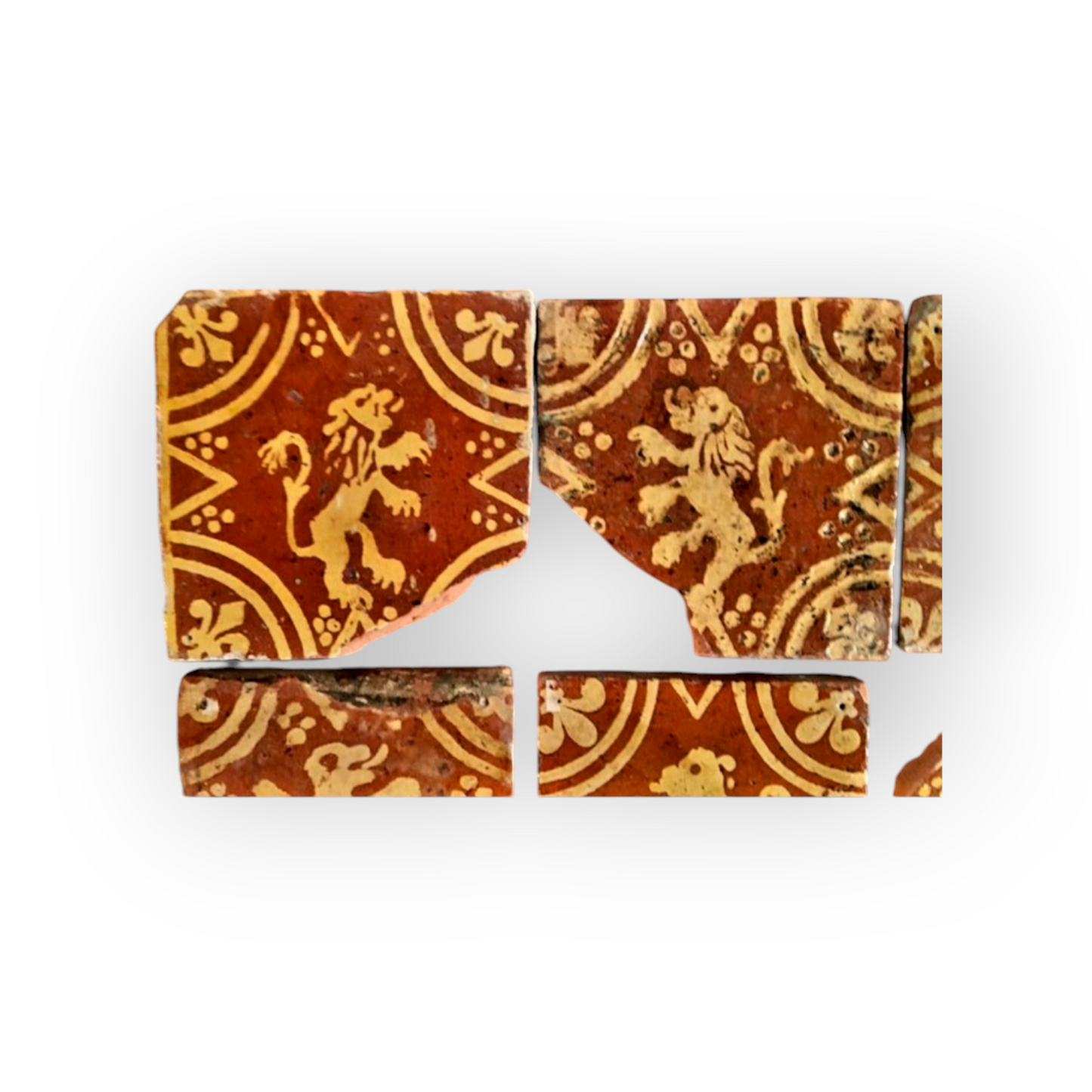 Eight 16th-Century Antique Earthenware Encaustic Tile Fragments, Each Featuring A Rampant Lion