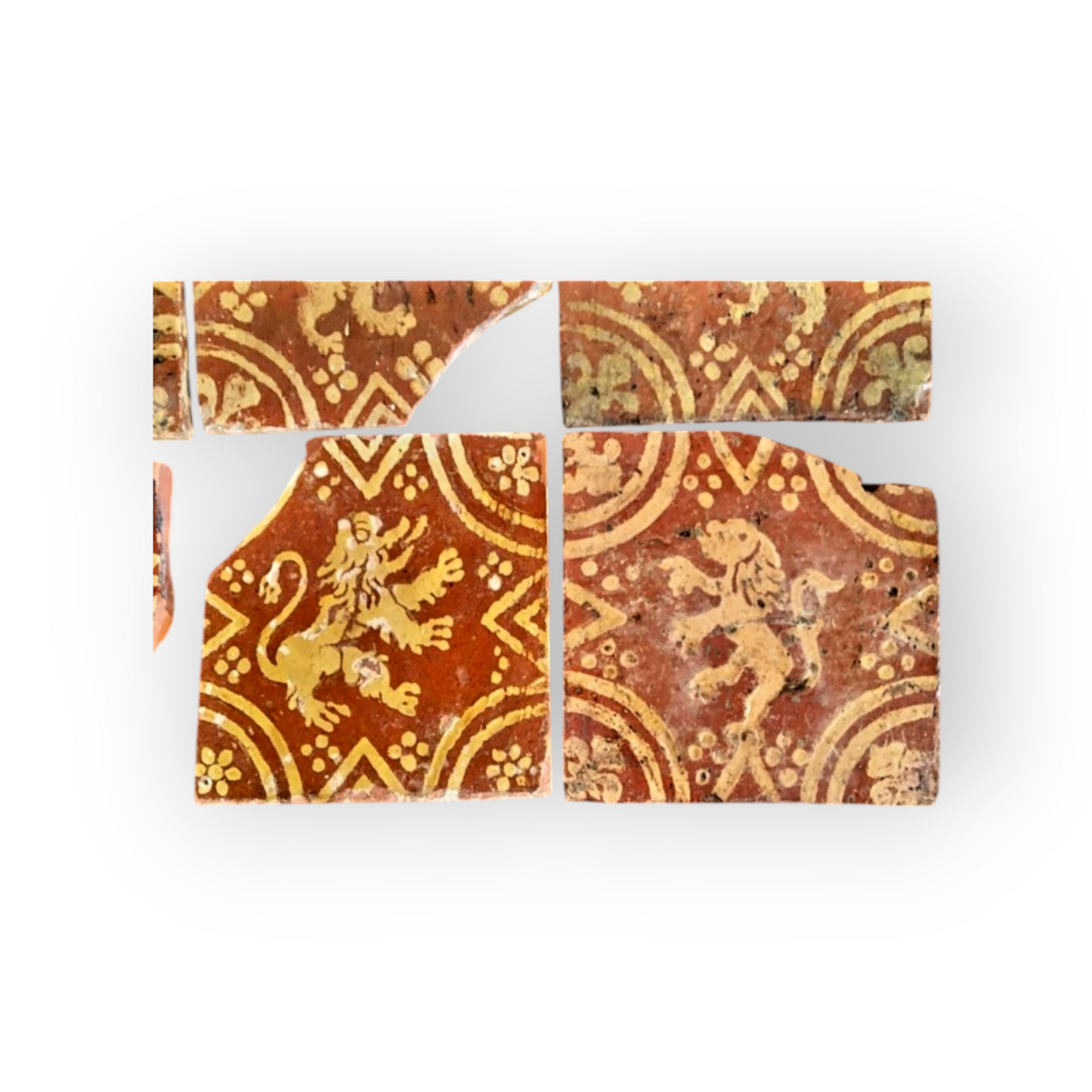 Eight 16th-Century Antique Earthenware Encaustic Tile Fragments, Each Featuring A Rampant Lion