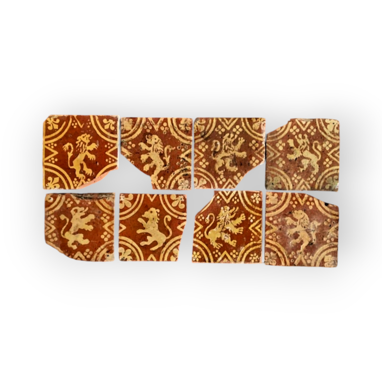 Eight 16th-Century Antique Earthenware Encaustic Tile Fragments, Each Featuring A Rampant Lion