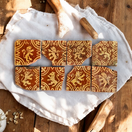 Eight 16th-Century Antique Earthenware Encaustic Tile Fragments, Each Featuring A Rampant Lion