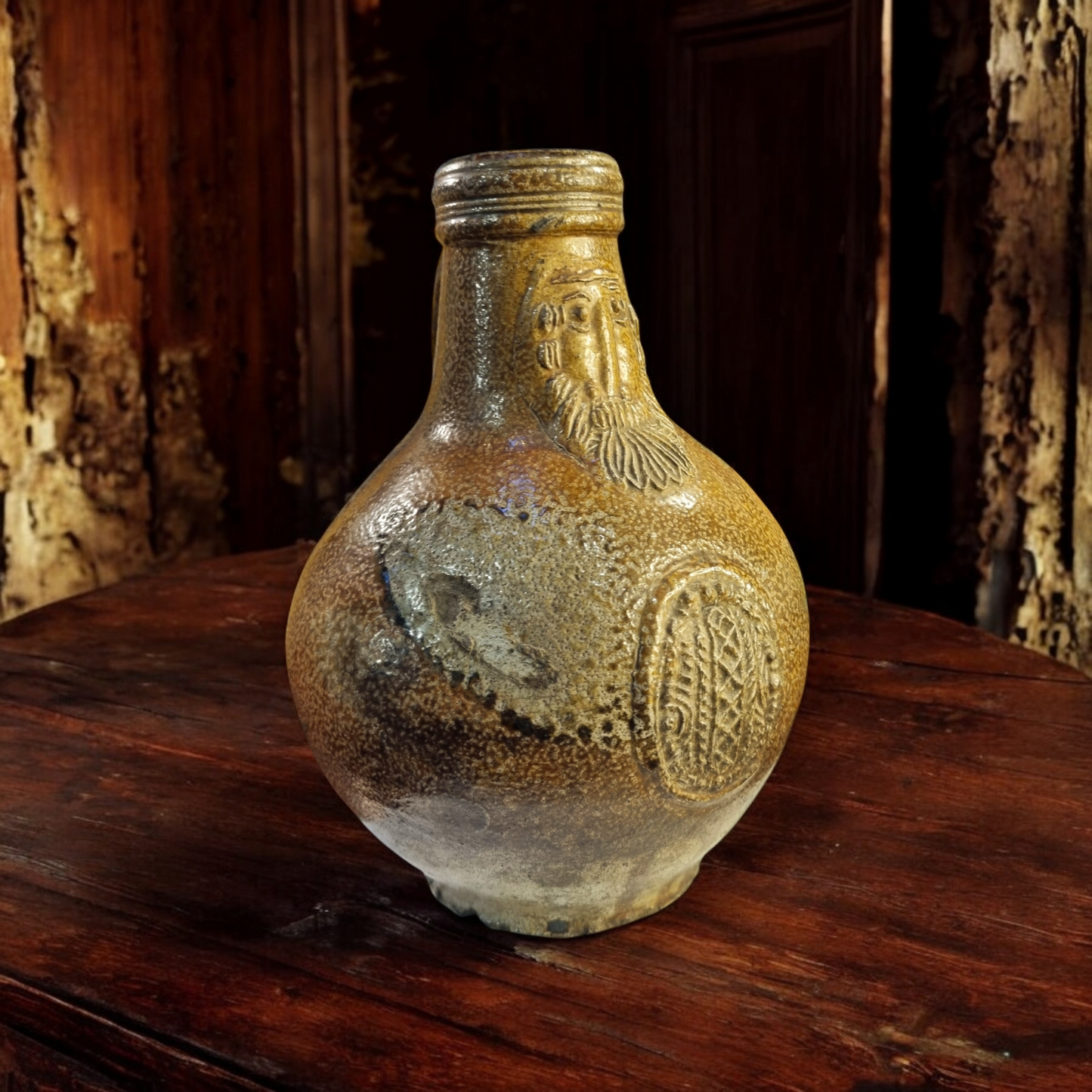 17th-Century German Antique Stoneware Bellarmine Jug or Bartmannkrug, circa 1620-1675, With Good Provenance