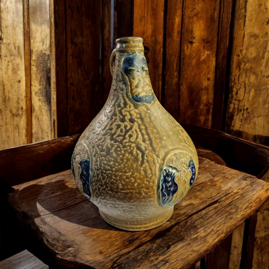 Rare 17thC German Antique Bellarmine / Bartmannkrug With Cobalt Blue & Tiger-Glaze Salt-Glazed Decoration