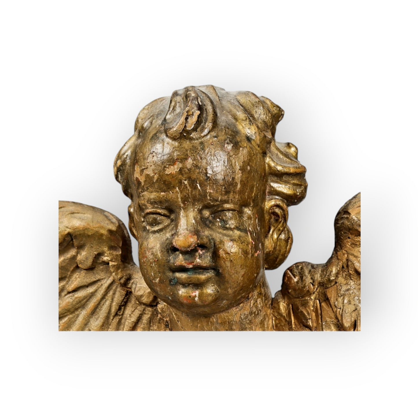 18th Century Baroque Antique Carved Wooden Sculptural Wall Panel Depicting A Winged Cherub / Putto