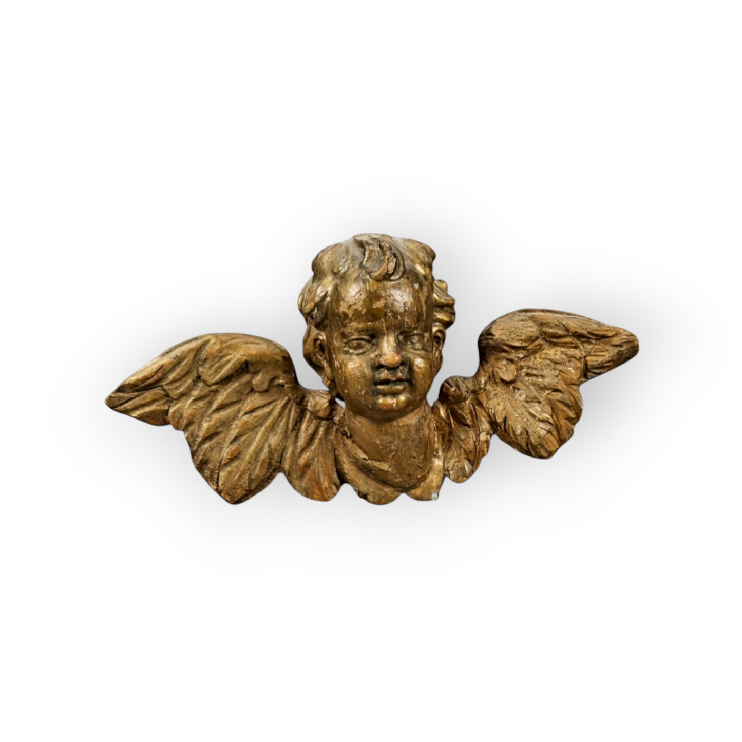 18th Century Baroque Antique Carved Wooden Sculptural Wall Panel Depicting A Winged Cherub / Putto