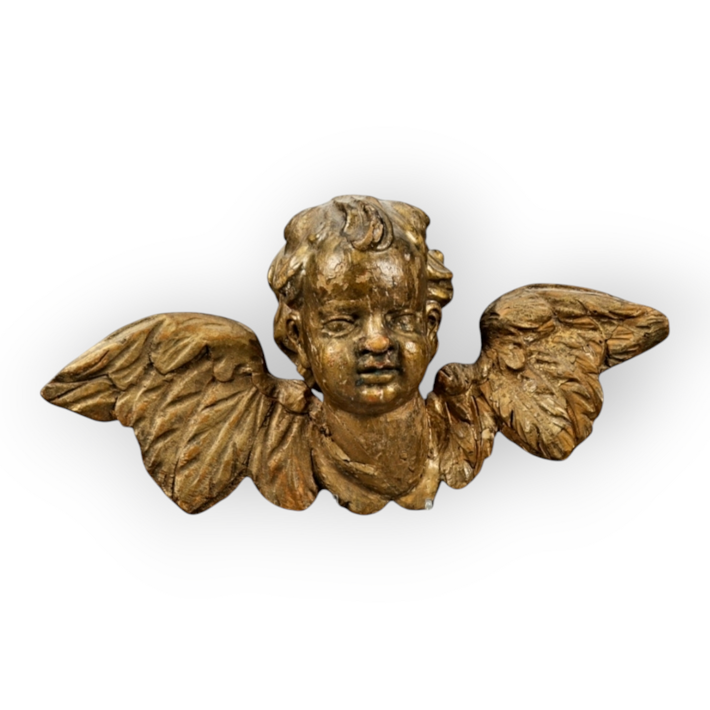 18th Century Baroque Antique Carved Wooden Sculptural Wall Panel Depicting A Winged Cherub / Putto