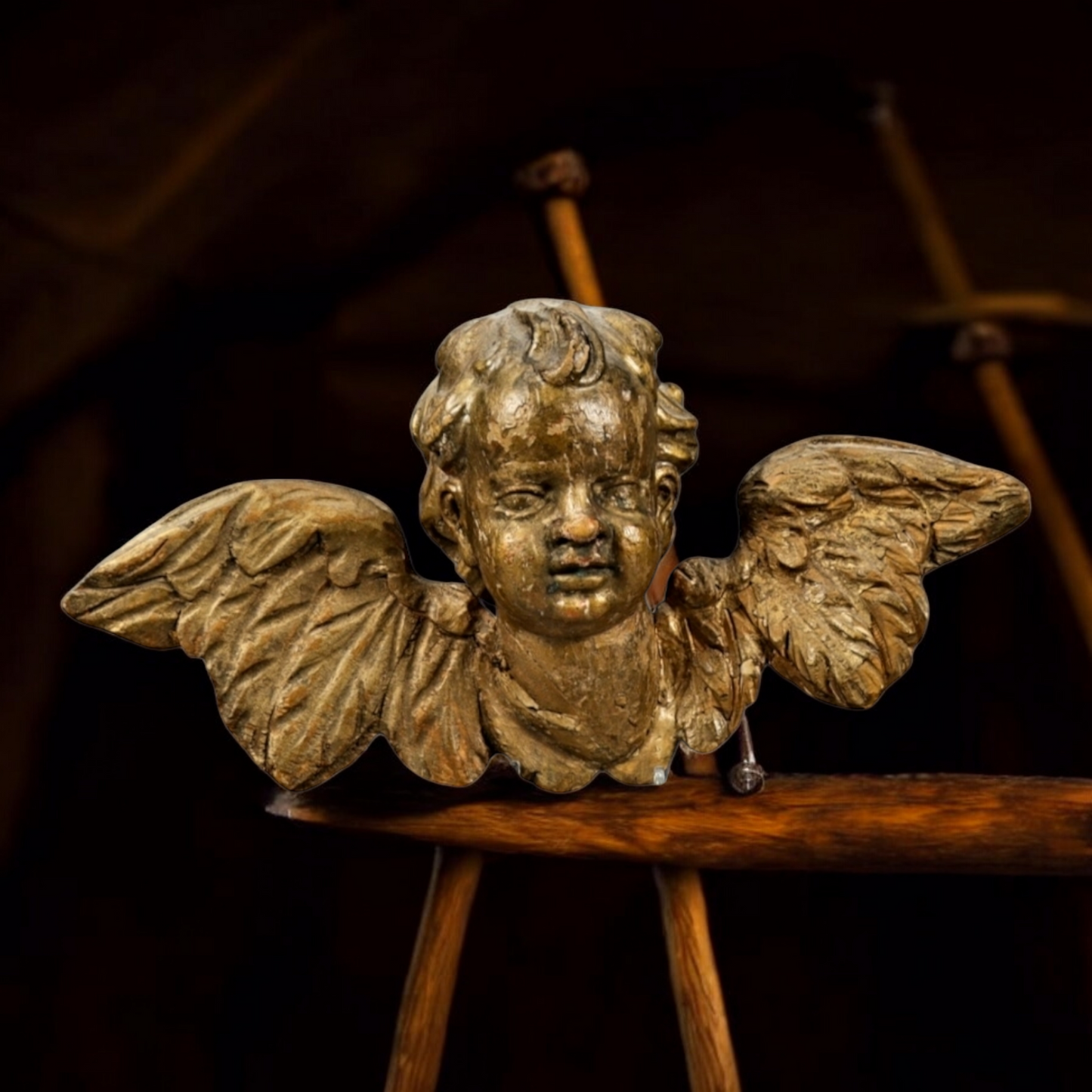 18th Century Baroque Antique Carved Wooden Sculptural Wall Panel Depicting A Winged Cherub / Putto