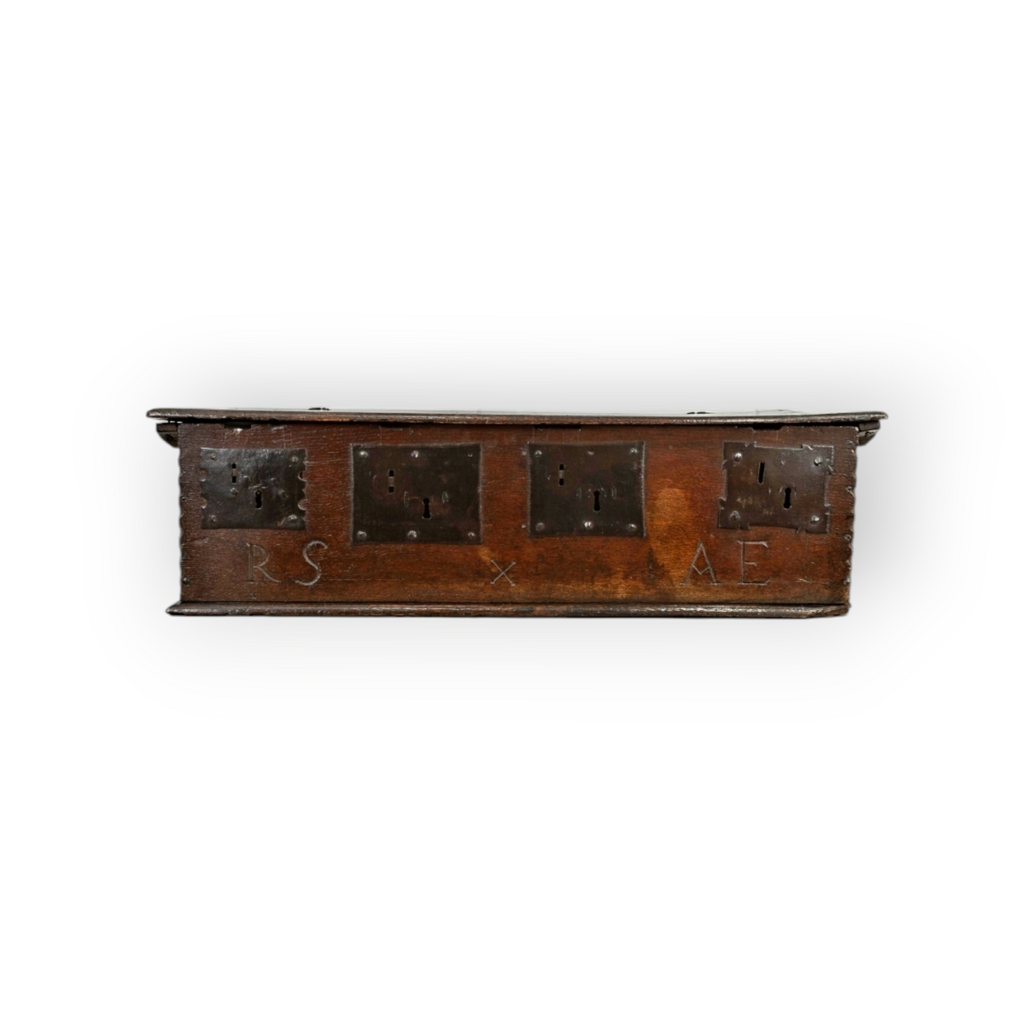 An Usual Quadruple-Lock Mid 17th-Century Charles II Period, English Antique Oak Boarded Box