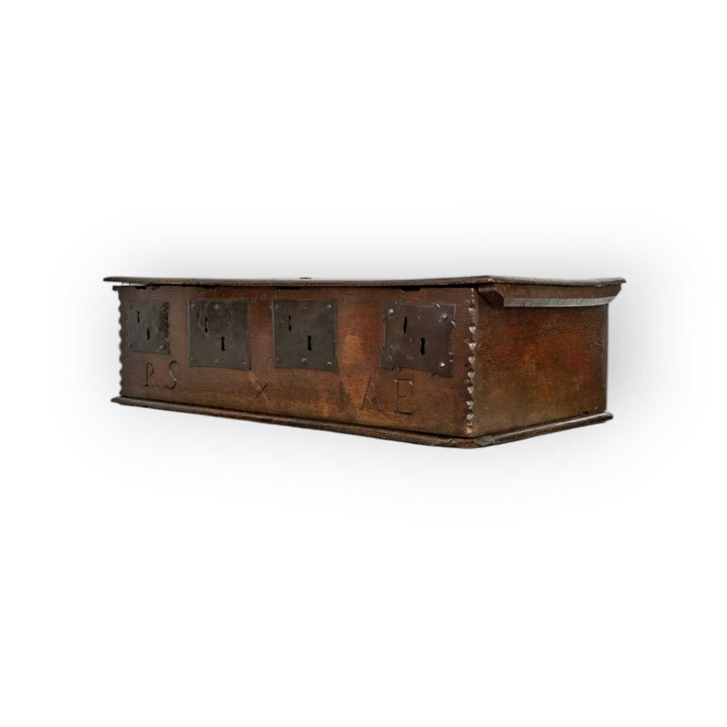 An Usual Quadruple-Lock Mid 17th-Century Charles II Period, English Antique Oak Boarded Box