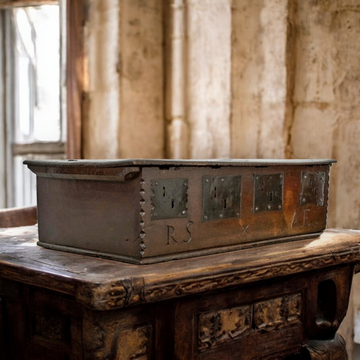 An Usual Quadruple-Lock Mid 17th-Century Charles II Period, English Antique Oak Boarded Box