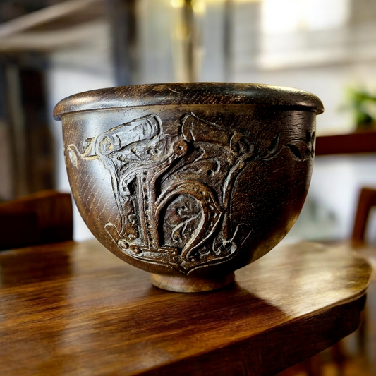 Mid 19th-Century English Antique Gothic  Revival Turned Wooden Bowl, Bearing The Initial "H"