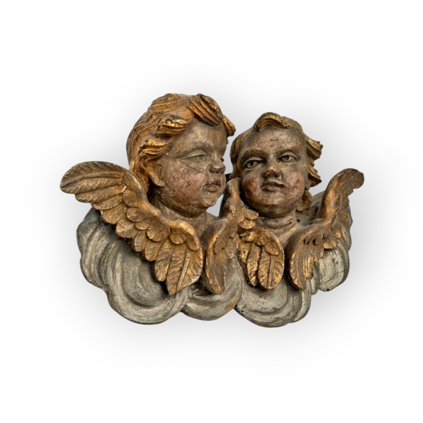 18th Century Baroque Antique Carved Wooden Sculptural Wall Panel Depicting A Pair Of Winged Cherubs / Puttos