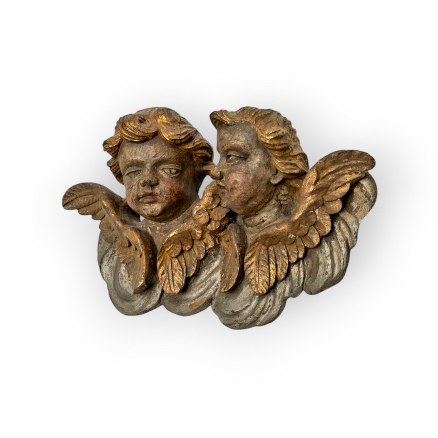 18th Century Baroque Antique Carved Wooden Sculptural Wall Panel Depicting A Pair Of Winged Cherubs / Puttos