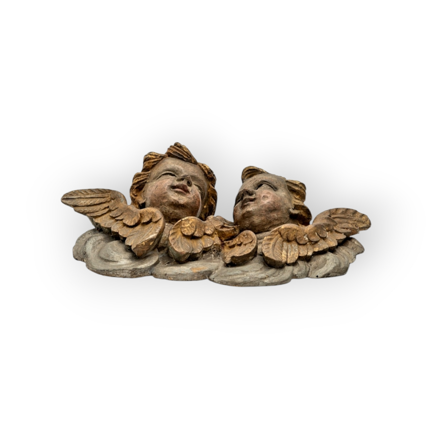 18th Century Baroque Antique Carved Wooden Sculptural Wall Panel Depicting A Pair Of Winged Cherubs / Puttos