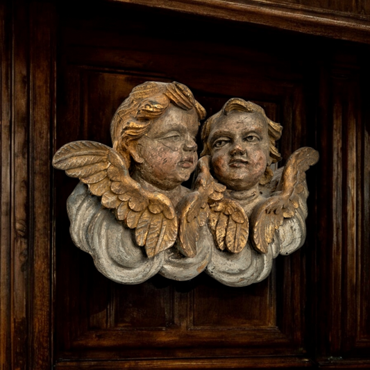 18th Century Baroque Antique Carved Wooden Sculptural Wall Panel Depicting A Pair Of Winged Cherubs / Puttos