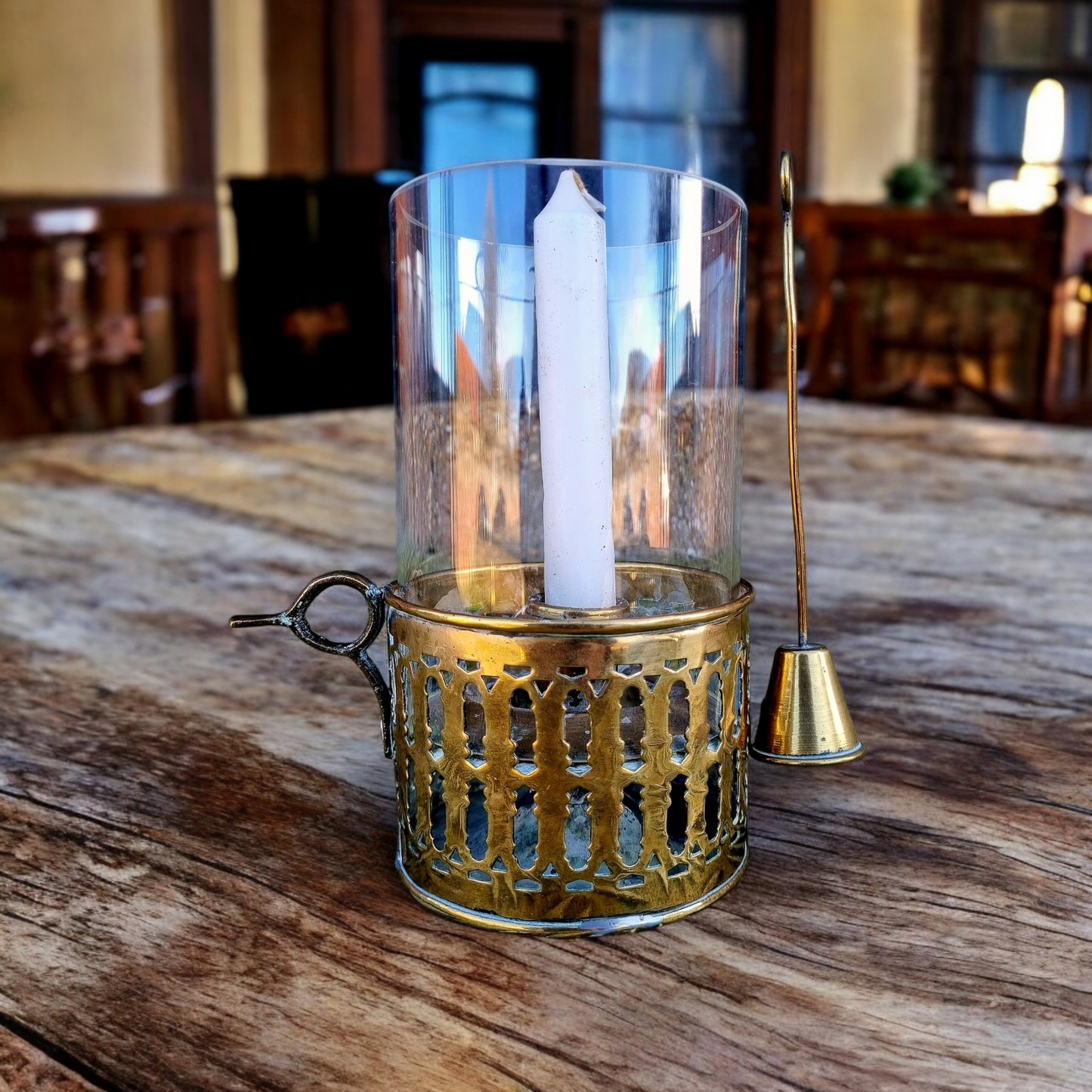 19th Century English Antique Brass Galleried Candlestick / Chamberstick