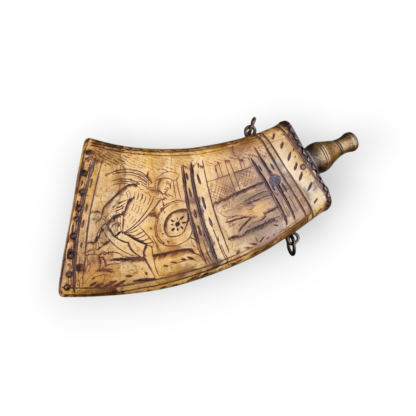 16th-Century German Antique Folk-Art Cow Horn Gunpowder Flask - Decorated With Scrimshaw & With Good Provenance