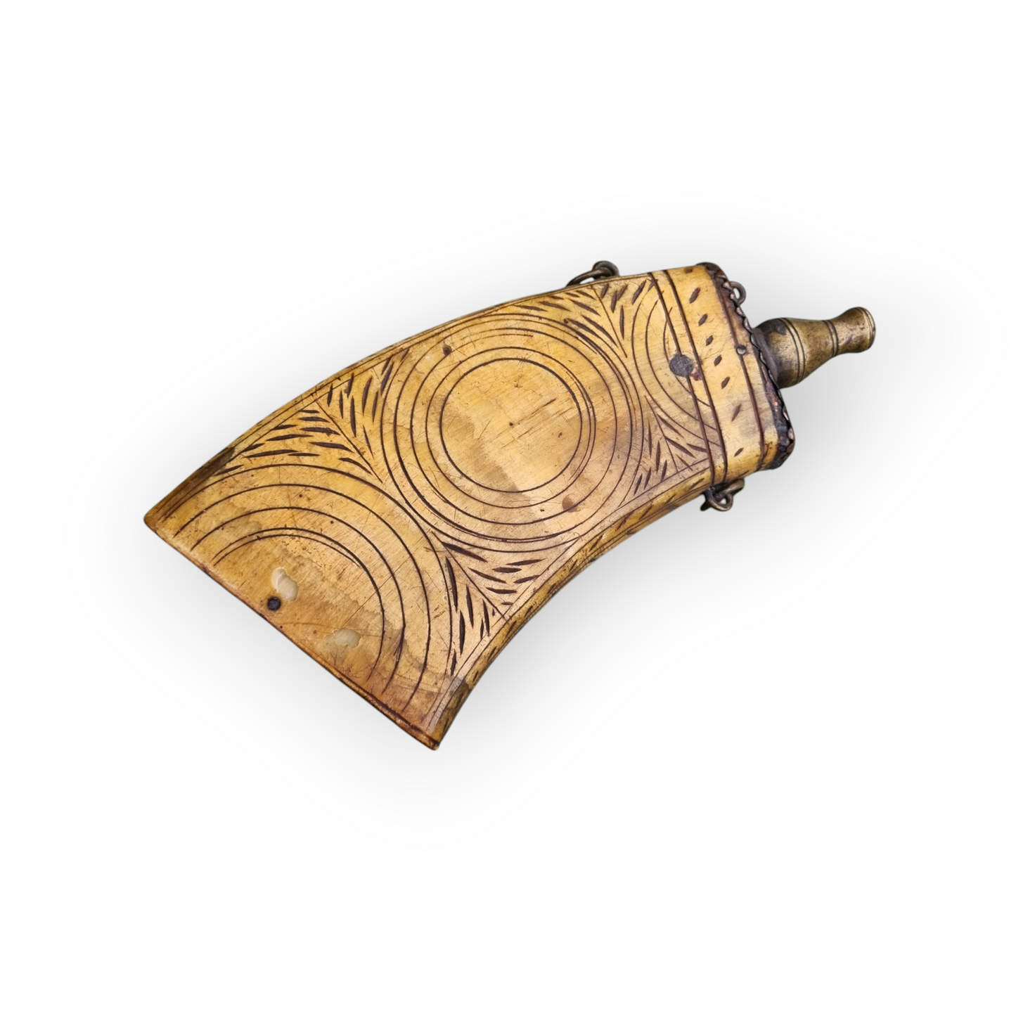 16th-Century German Antique Folk-Art Cow Horn Gunpowder Flask - Decorated With Scrimshaw & With Good Provenance