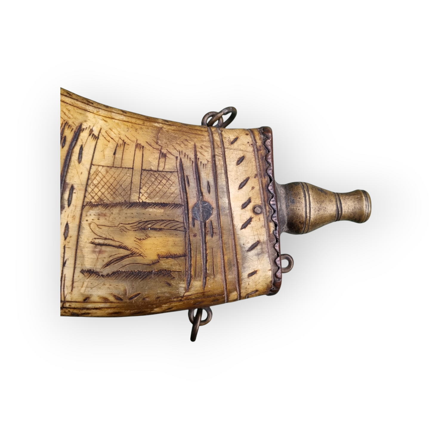 16th-Century German Antique Folk-Art Cow Horn Gunpowder Flask - Decorated With Scrimshaw & With Good Provenance