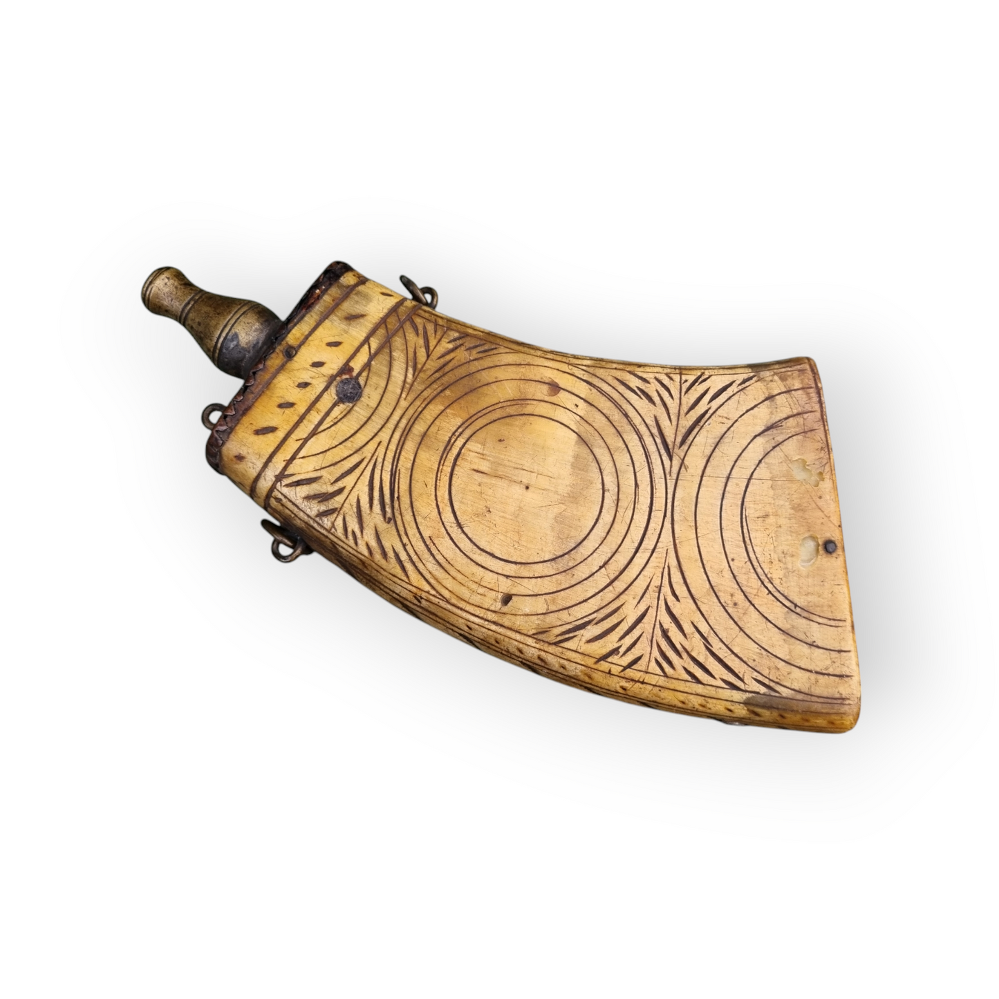 16th-Century German Antique Folk-Art Cow Horn Gunpowder Flask - Decorated With Scrimshaw & With Good Provenance