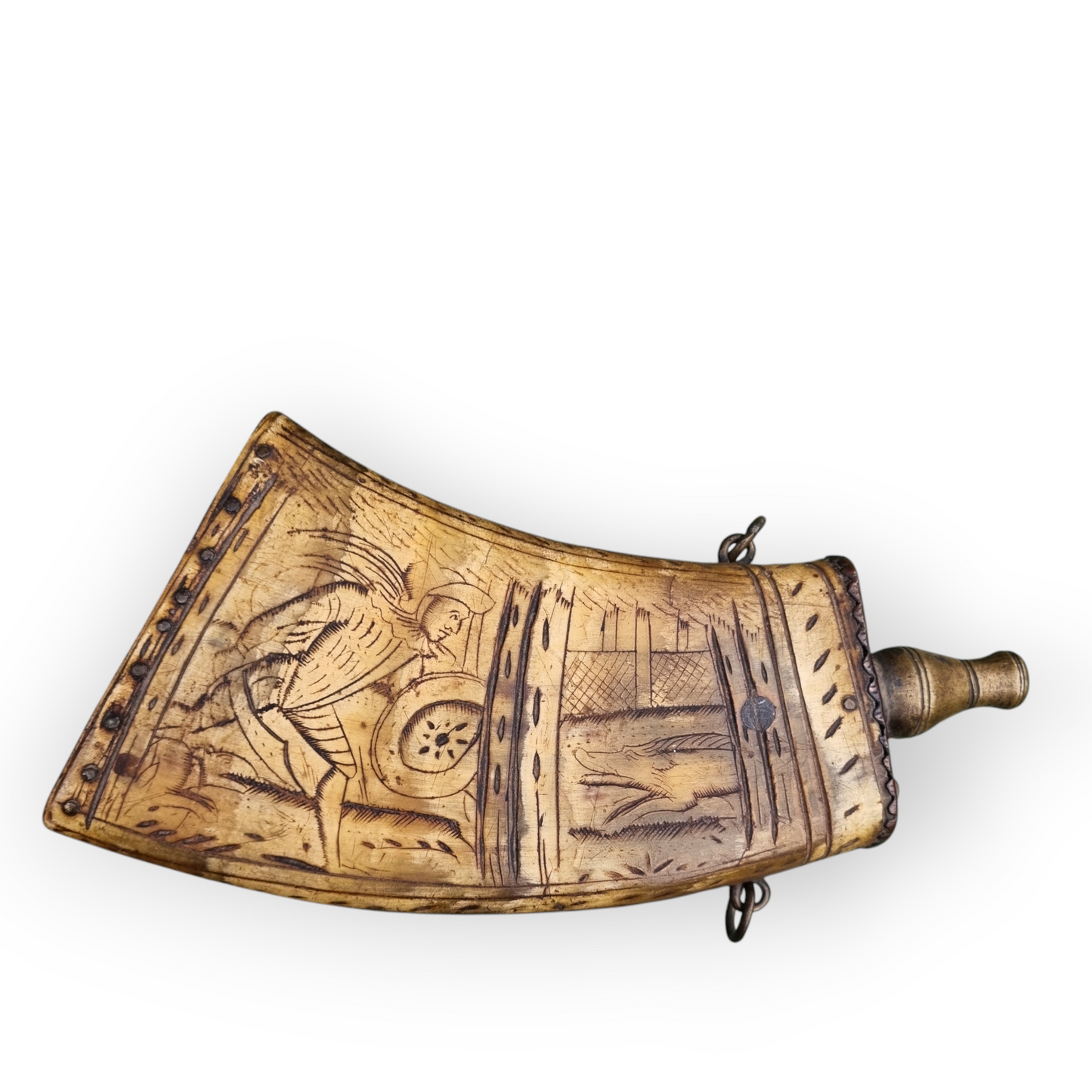 16th-Century German Antique Folk-Art Cow Horn Gunpowder Flask - Decorated With Scrimshaw & With Good Provenance