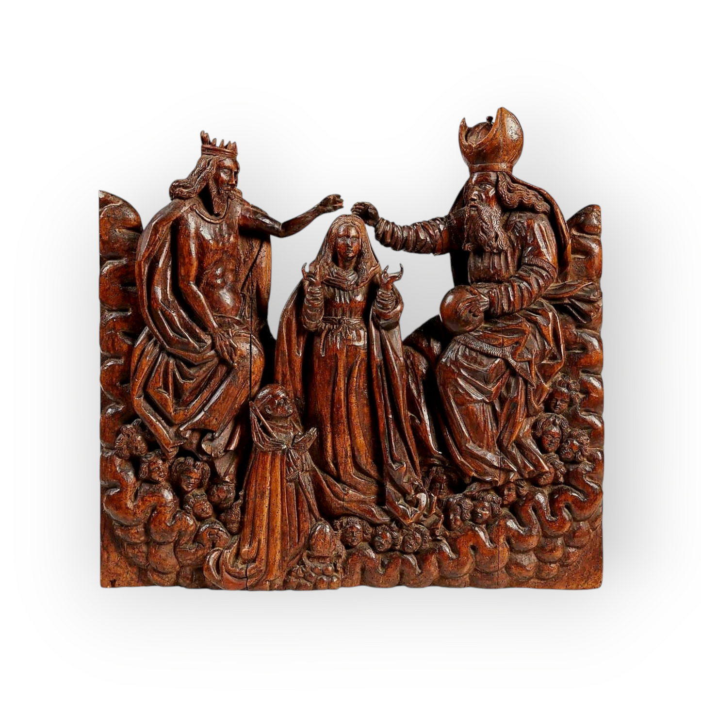 A Fine, Large & Impressive Late 15th-Century / Early 16th-Century Ecclesiastical Antique Carved Limewood Panel Depicting The Coronation Of The Virgin - Provenance: Ex-Towie Barclay Castle, Aberdeenshire, Scotland.