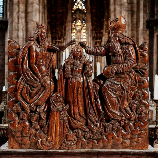 A Fine, Large & Impressive Late 15th-Century / Early 16th-Century Ecclesiastical Antique Carved Limewood Panel Depicting The Coronation Of The Virgin - Provenance: Ex-Towie Barclay Castle, Aberdeenshire, Scotland.