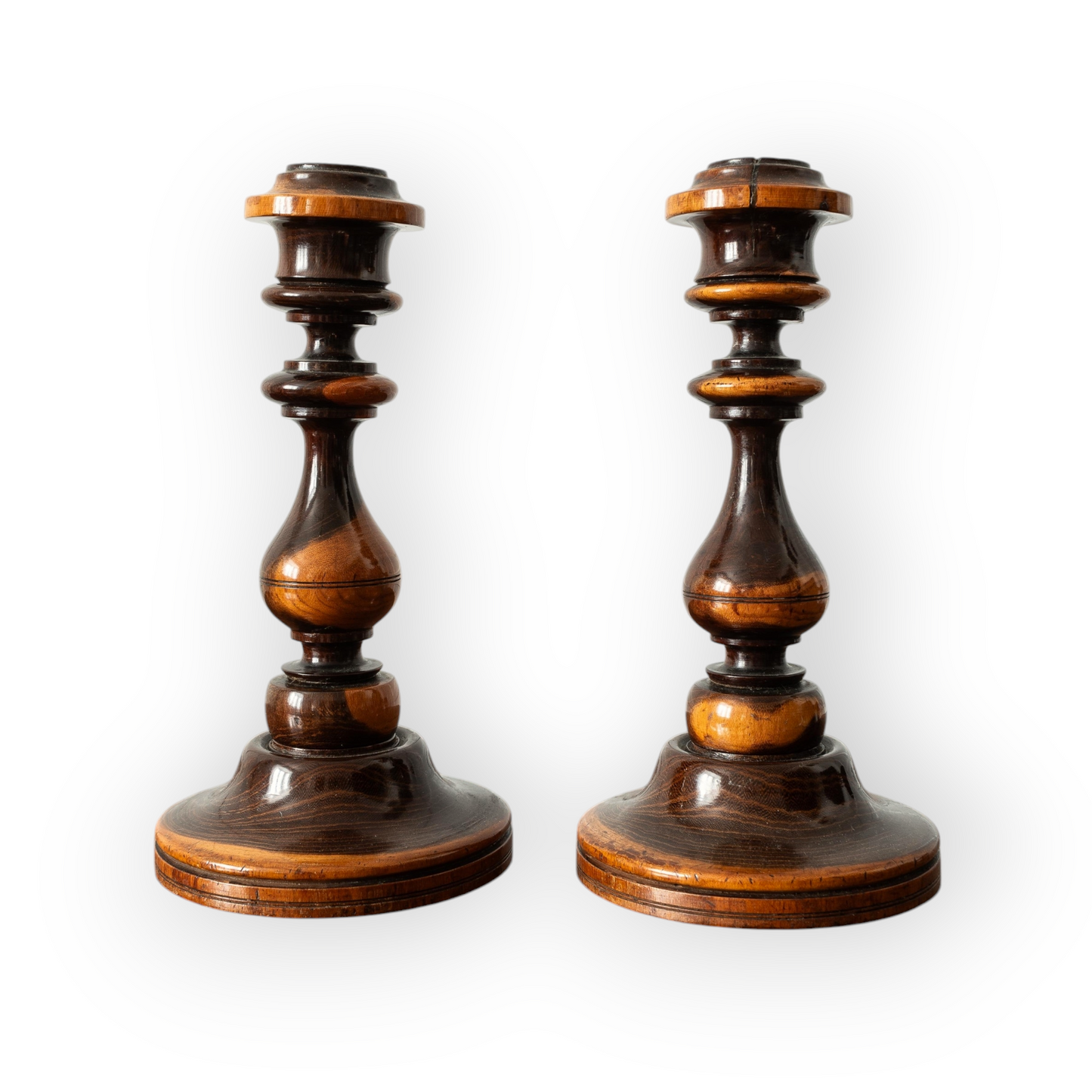 A Well-Patinated Pair Of Early 19th-Century George IV / William IV English Antique Treen Candlesticks, circa 1830