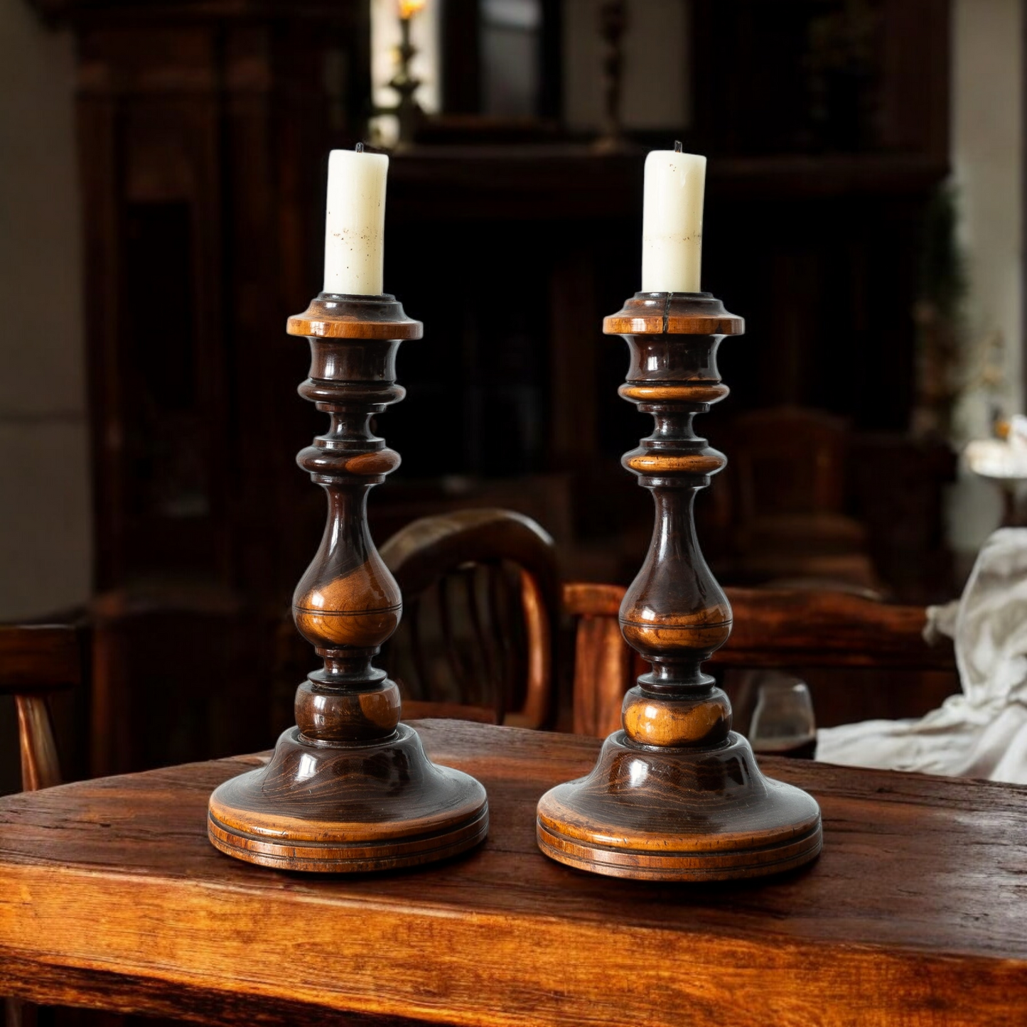 A Well-Patinated Pair Of Early 19th-Century George IV / William IV English Antique Treen Candlesticks, circa 1830