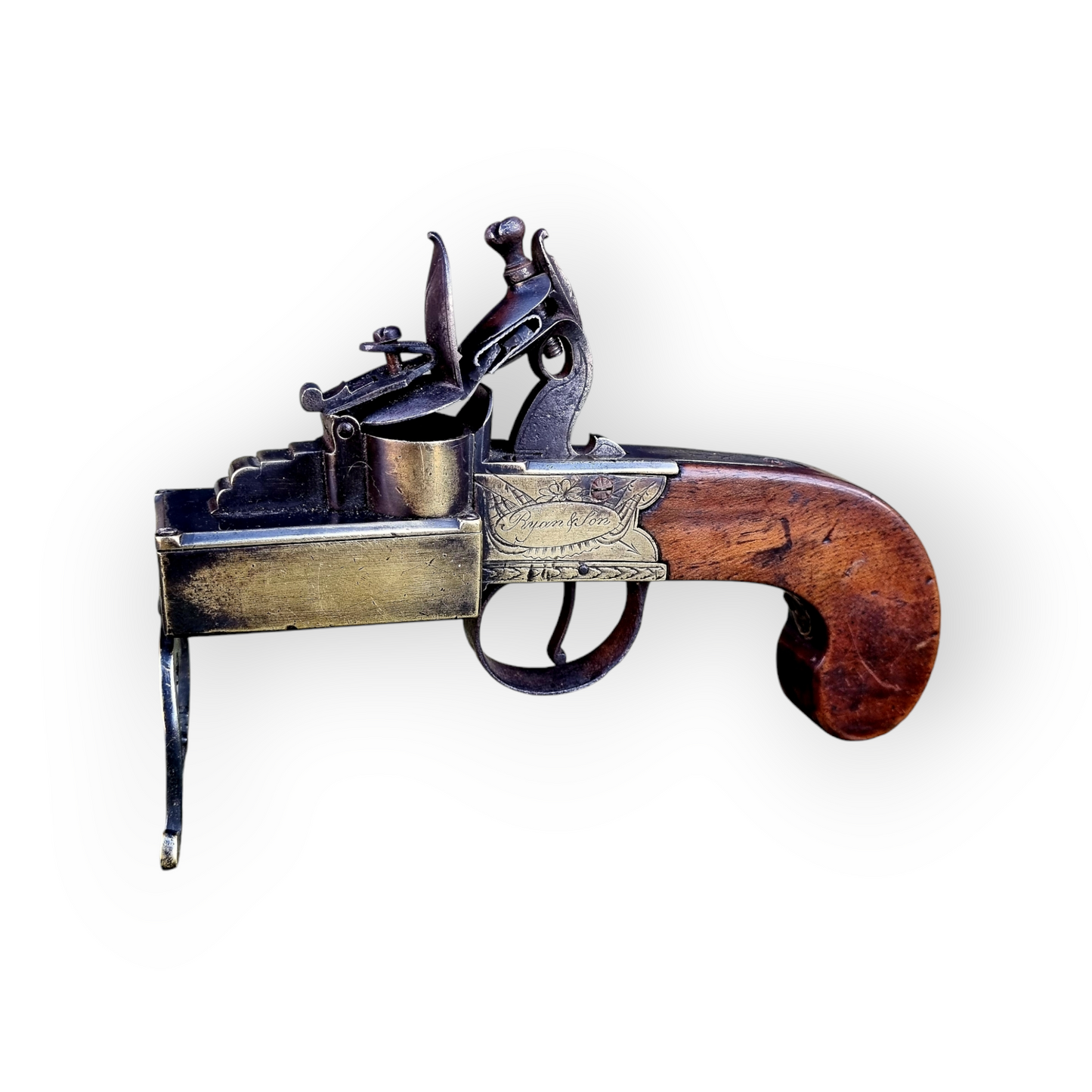 Early 18th Century English Antique Flintlock Tinder Lighter Bearing The Makers Name "Bryan & Son"