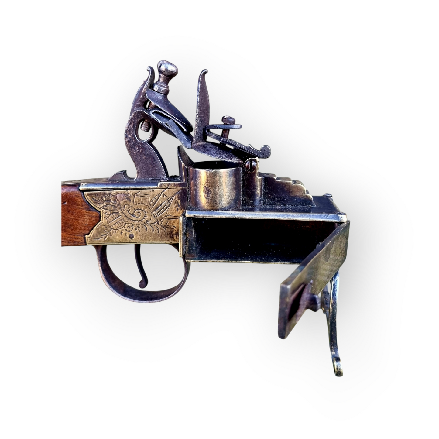 Early 18th Century English Antique Flintlock Tinder Lighter Bearing The Makers Name "Bryan & Son"