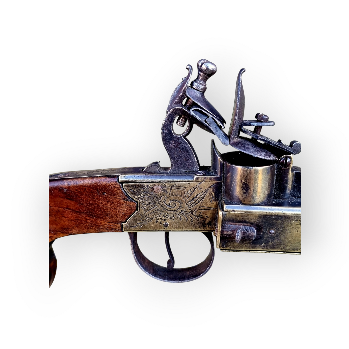 Early 18th Century English Antique Flintlock Tinder Lighter Bearing The Makers Name "Bryan & Son"