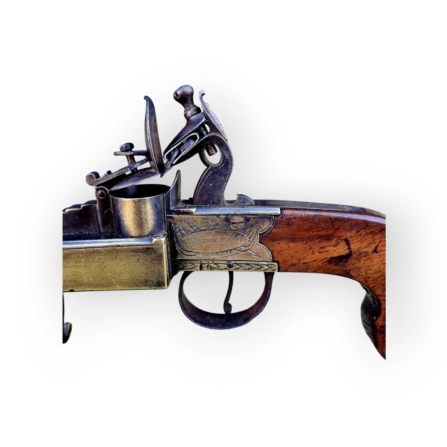 Early 18th Century English Antique Flintlock Tinder Lighter Bearing The Makers Name "Bryan & Son"