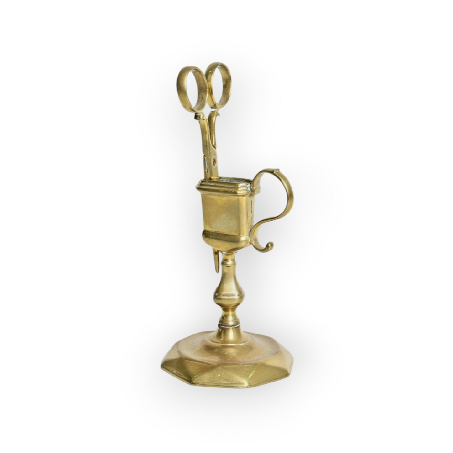 Rare Early 18th-Century English Antique Brass Candle-Snuffer & Stand, circa 1720-1740